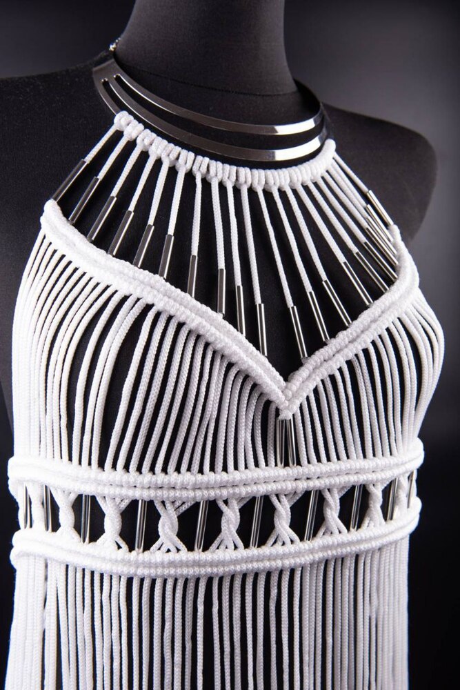 white macrame dress with silver fittings